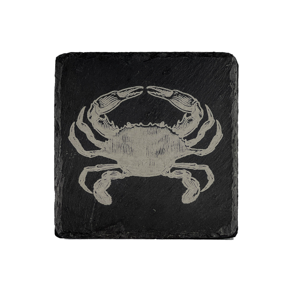 Black single slate coaster with detailed light gray engraved crab design perfect for home or office use