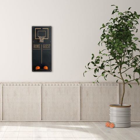 Black and gold wall-mounted basketball wall game scoreboard with home and guest labels for target area scoring