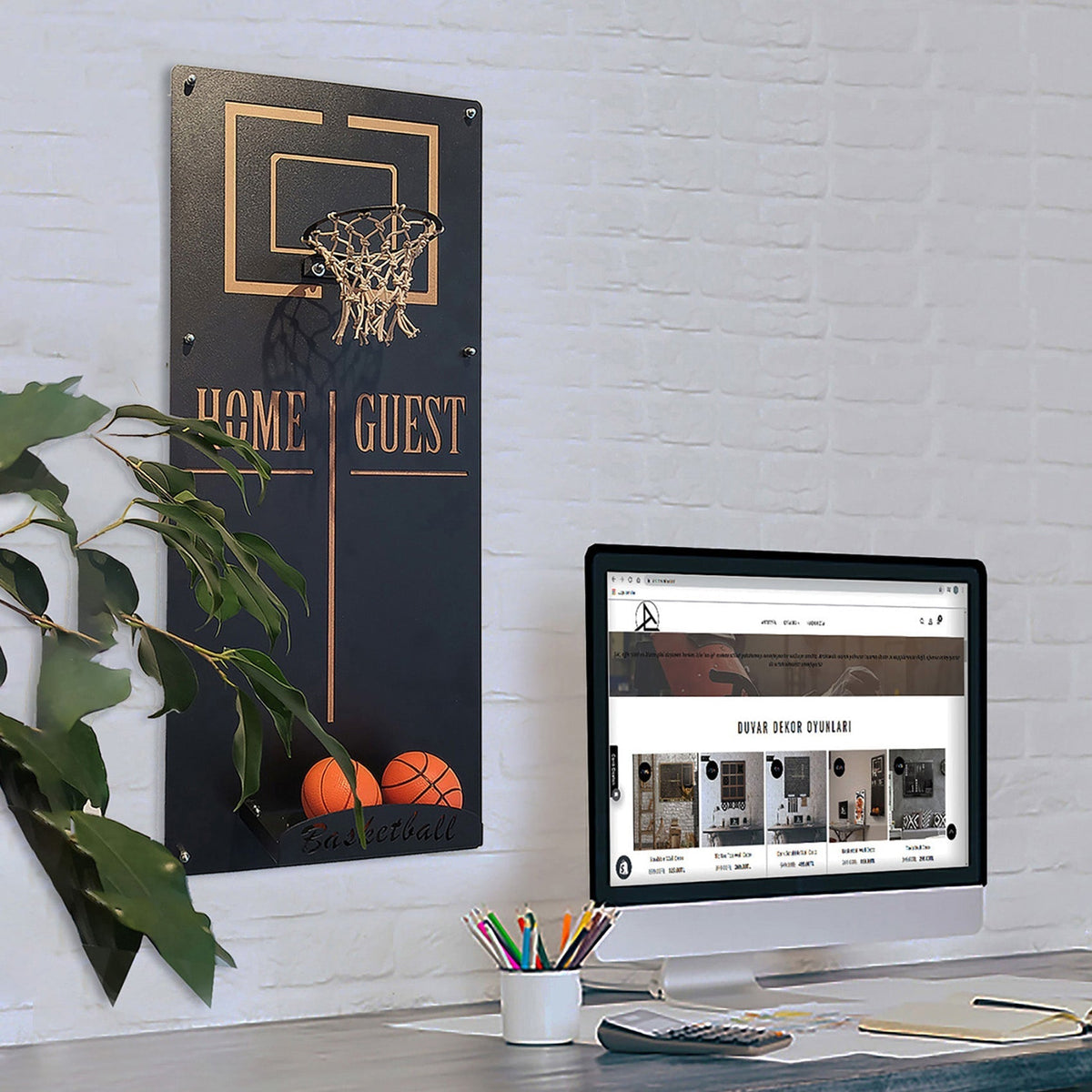 Black metal wall game basketball wall with gold trim and home guest target area for indoor play