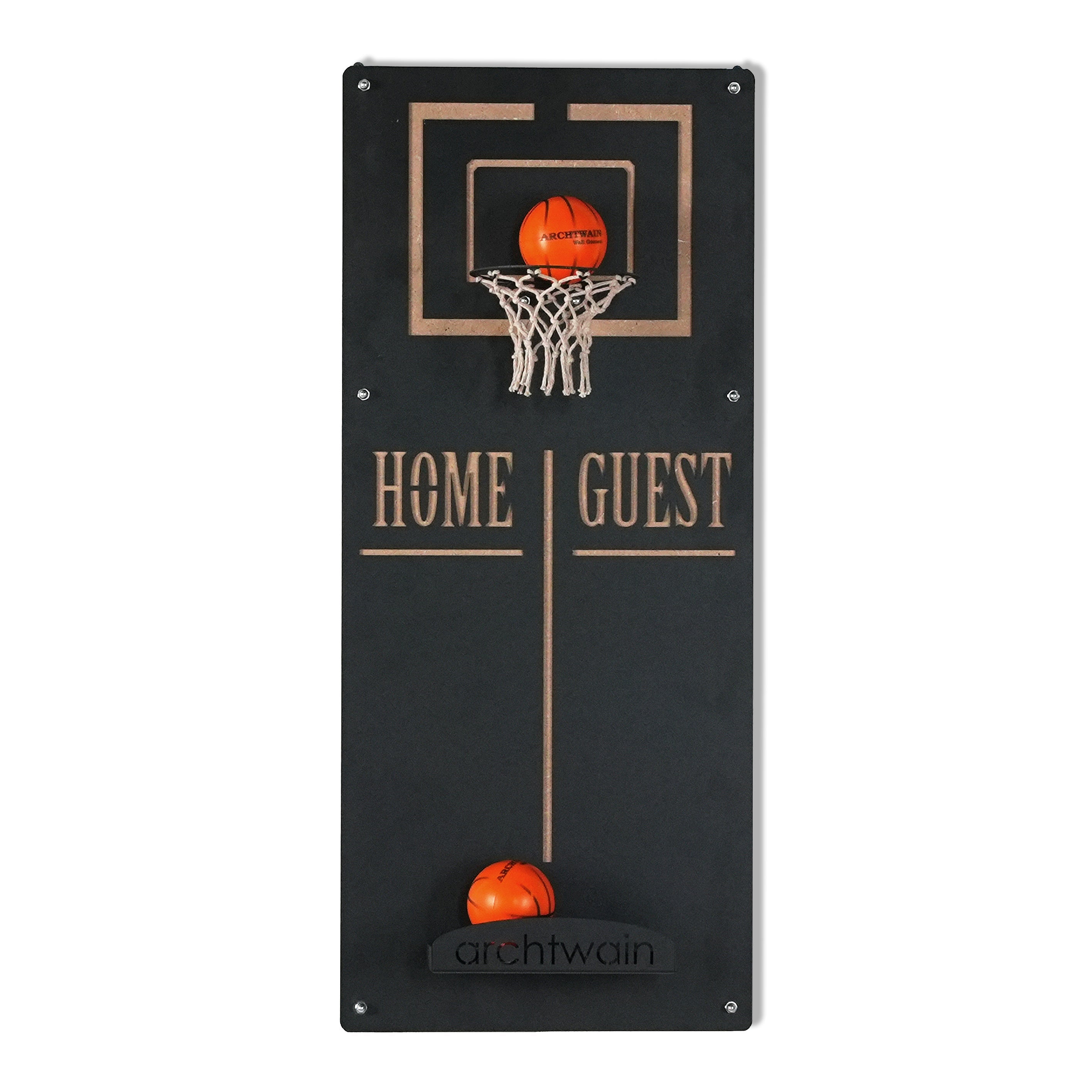 Black wall-mounted craft basketball wall game with orange balls gold home and guest lettering on target area