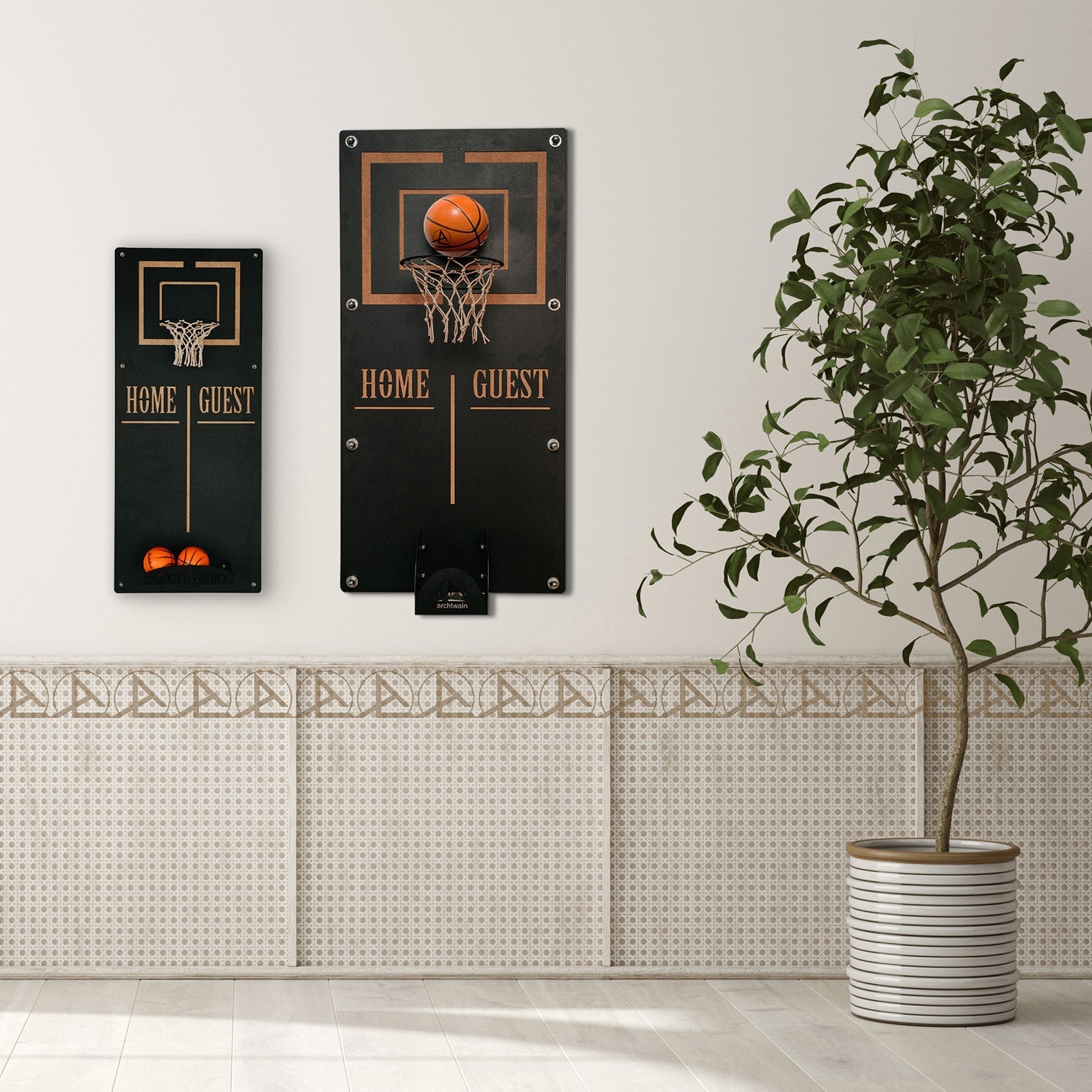 Black wall-mounted craft basketball wall game with gold trim netted basket and home guest target area holding orange ball