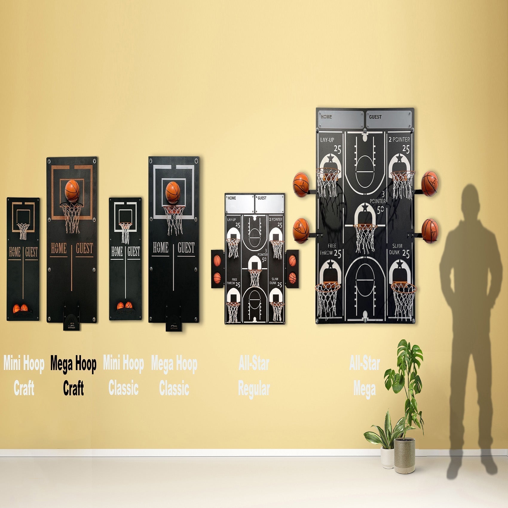 Black craft mega basketball wall game with multiple hoops scoreboards target area and ball holder for fun play