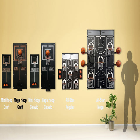 Black craft mega basketball wall game with multiple hoops scoreboards target area and ball holder for fun play