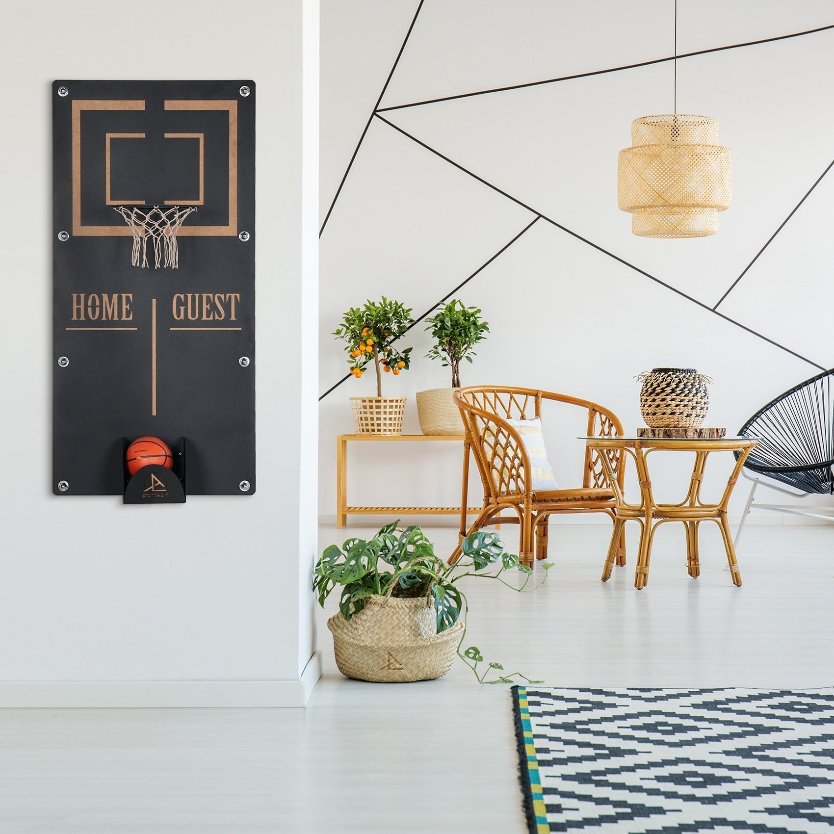 Craft mega basketball wall game black wall-mounted hoop with gold trim ball holder and home guest target area