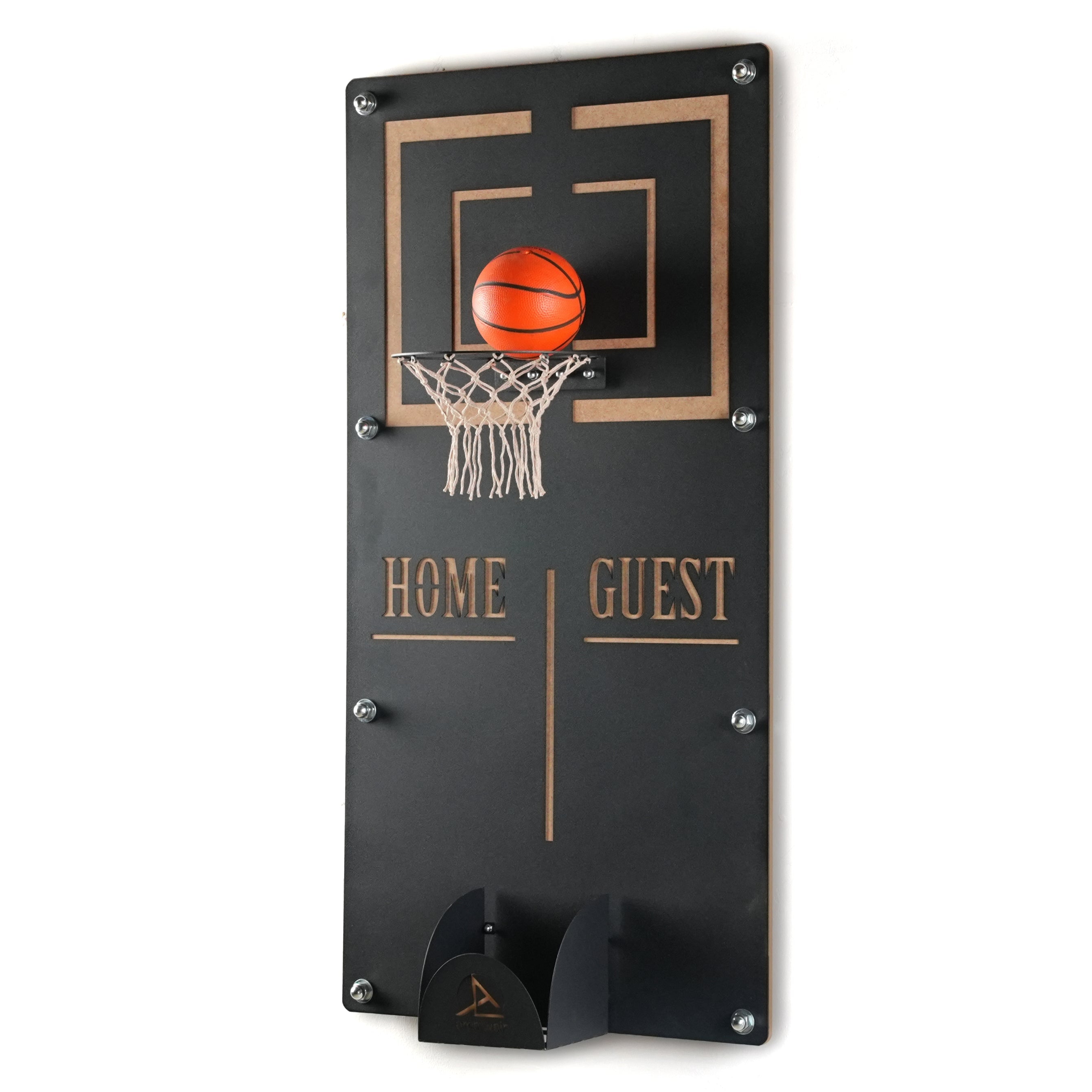 Black wall-mounted basketball wall game with gold backboard, net, target area, and home guest scoring zones with ball holder