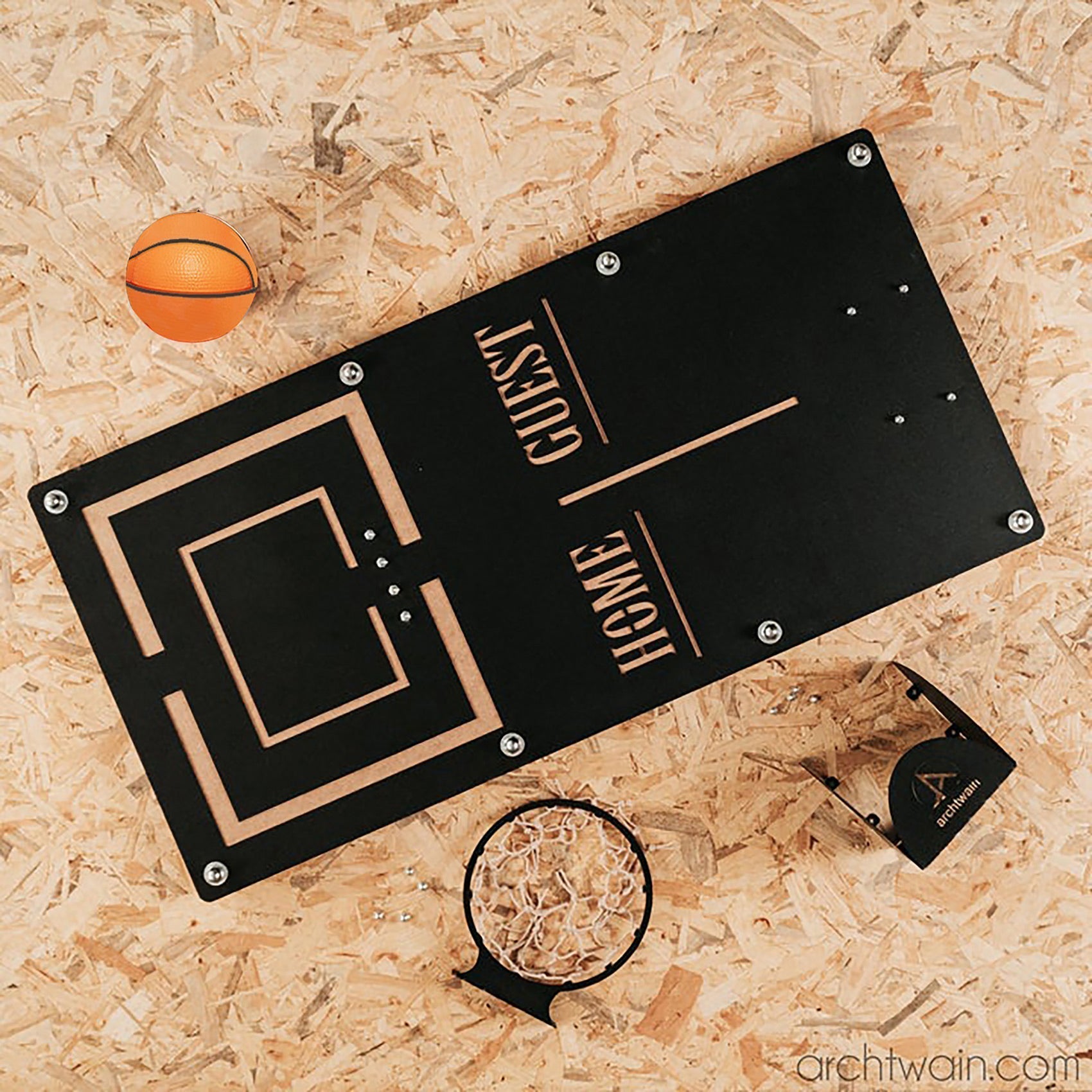 Black rectangular mini basketball wall game with gold target area lines home guest labels and ball holder hoop