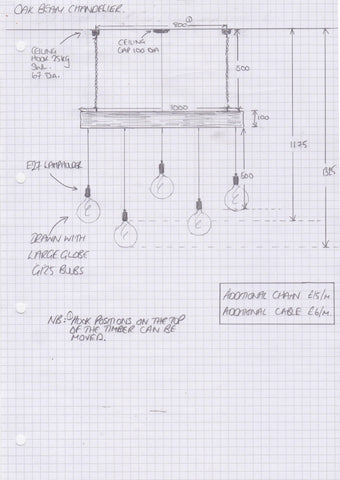 1m Oak Beam Chandelier with 5 Lights | Kitchen Island Lighting UK