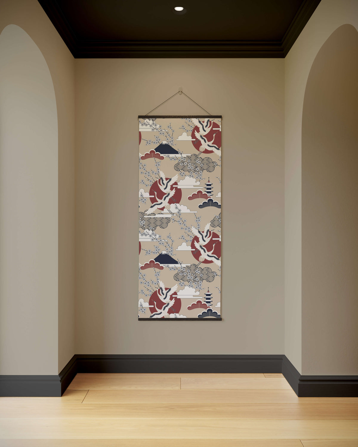 A beige cherry blossom tapestry with red suns, stylized mountains, pagodas, and clouds in traditional japanese style
