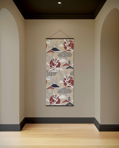 A beige cherry blossom tapestry with red suns, stylized mountains, pagodas, and clouds in traditional japanese style