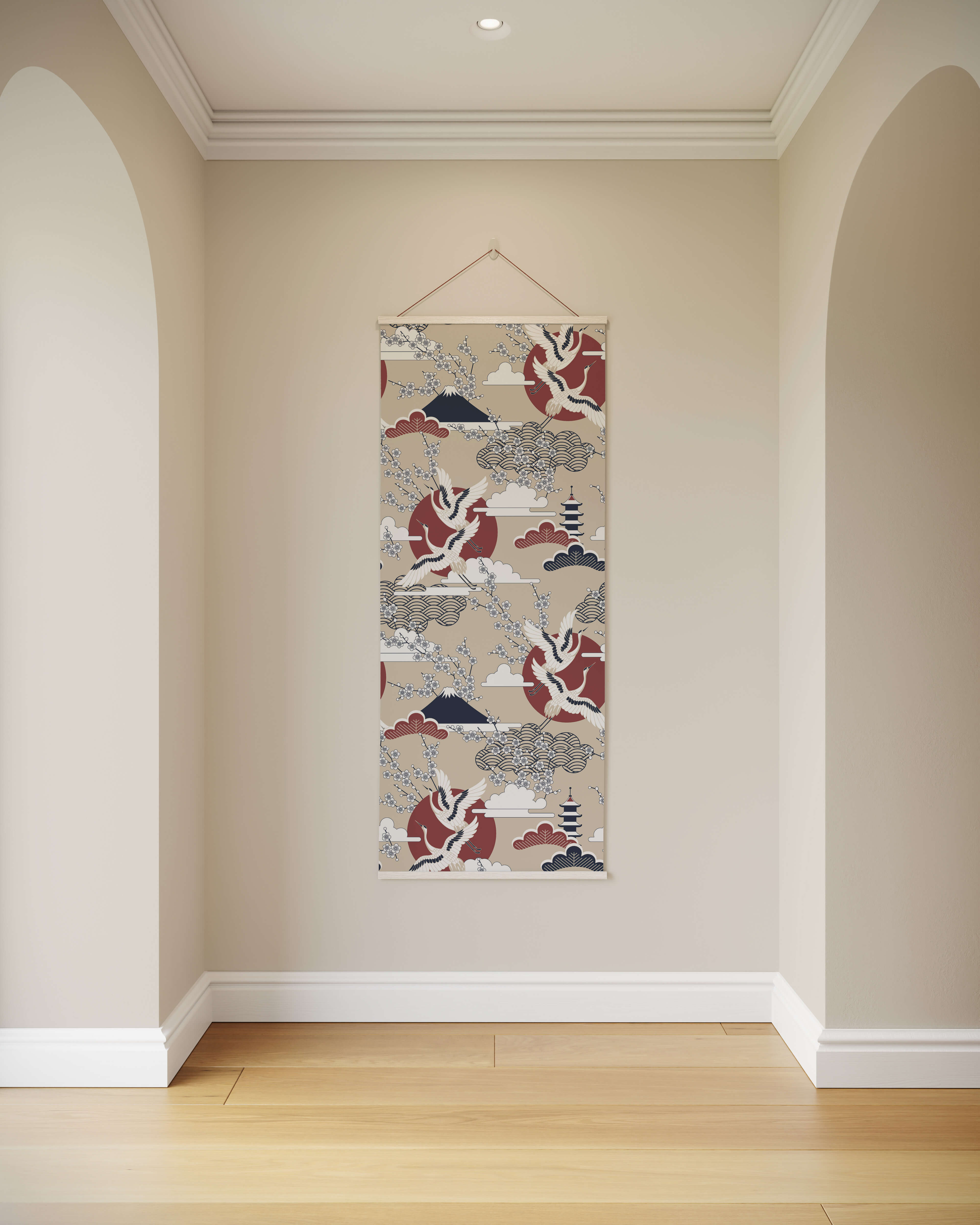 A beige cherry blossom tapestry with red suns black and white pagodas and stylized clouds in japanese style