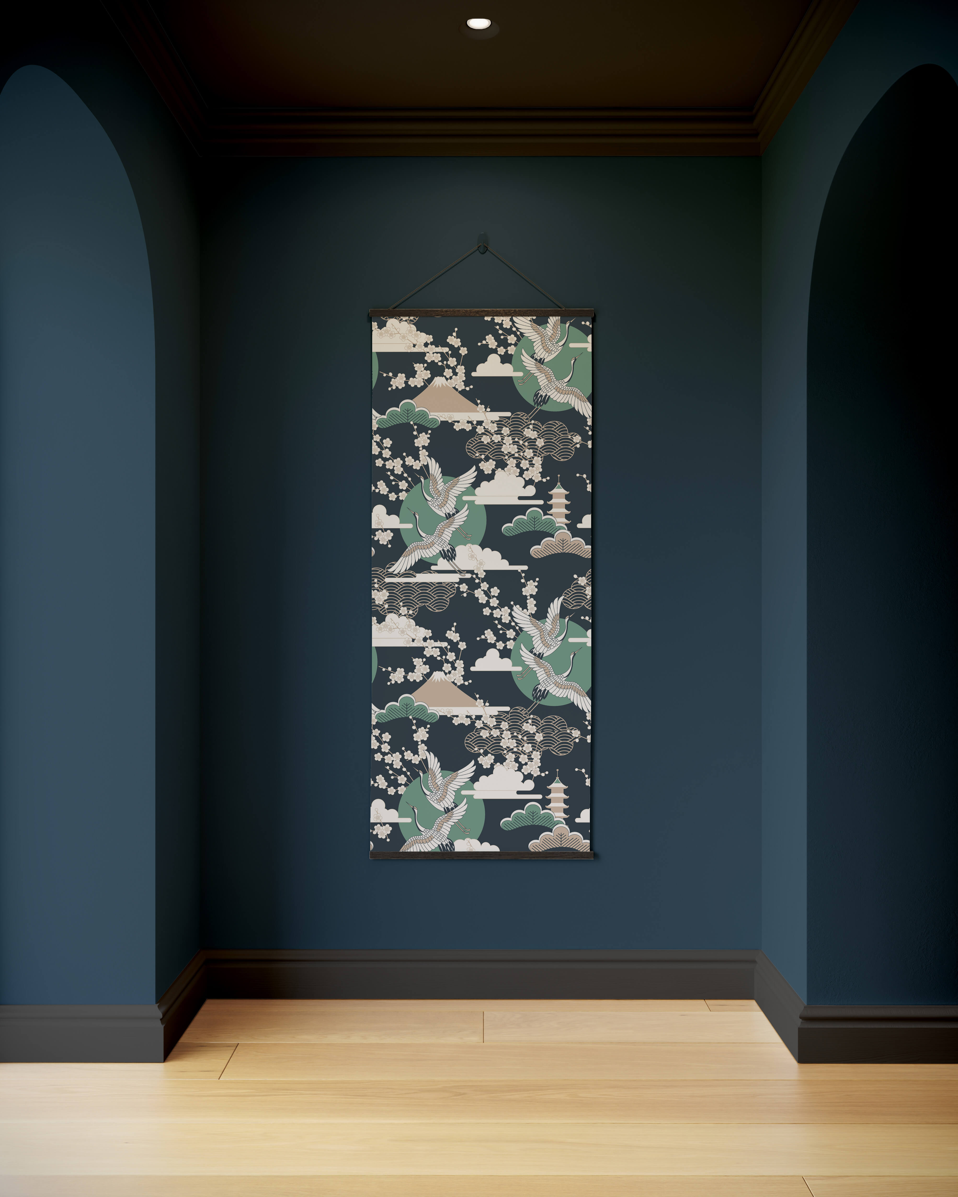 A vertical cherry blossom tapestry with green cranes and pagoda motifs on a dark navy background