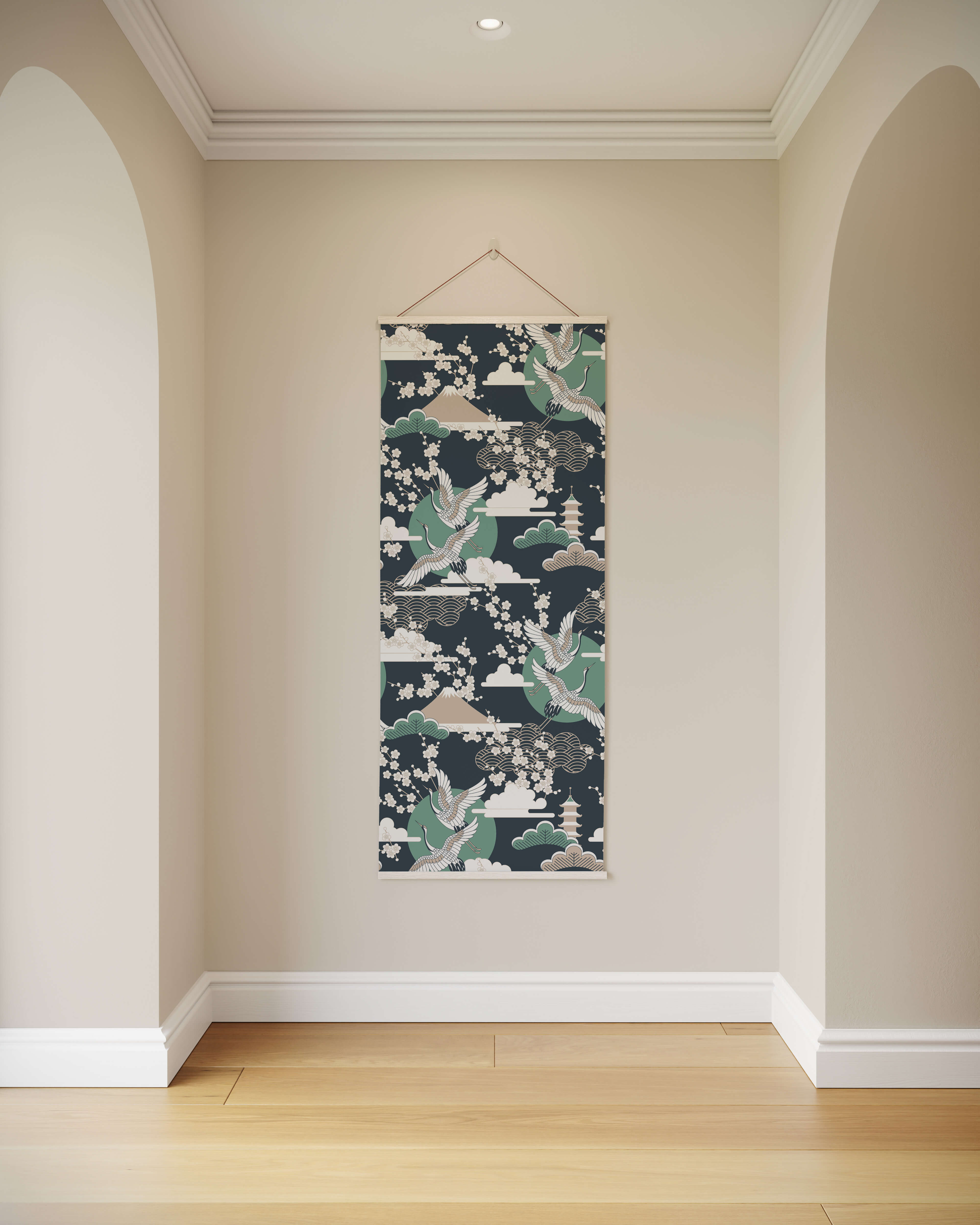 A vertical cherry blossom tapestry with green cranes and pagoda motifs on a dark navy background perfect for decor
