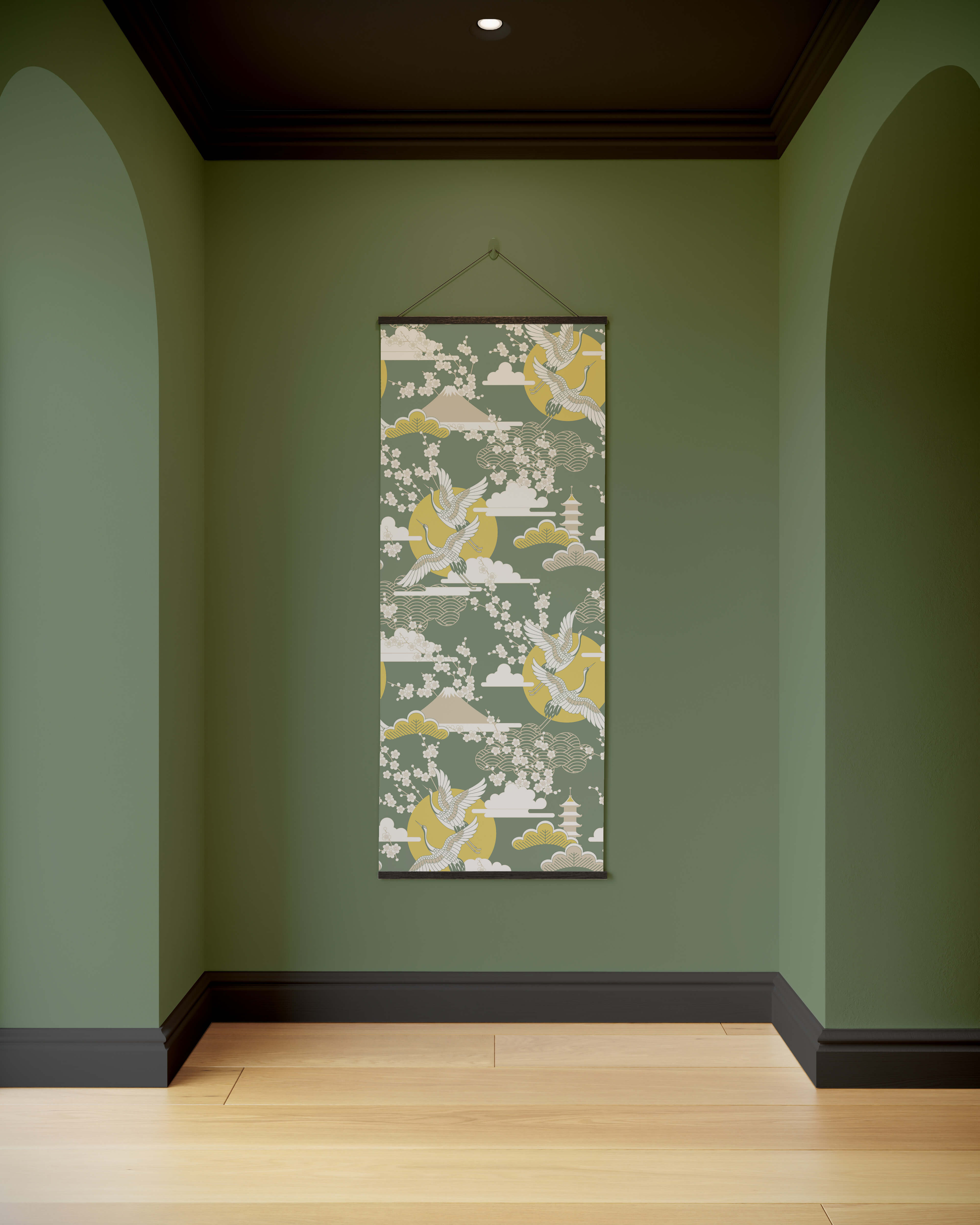 A rectangular cherry blossom tapestry with white cranes yellow suns and pagodas on a muted green background
