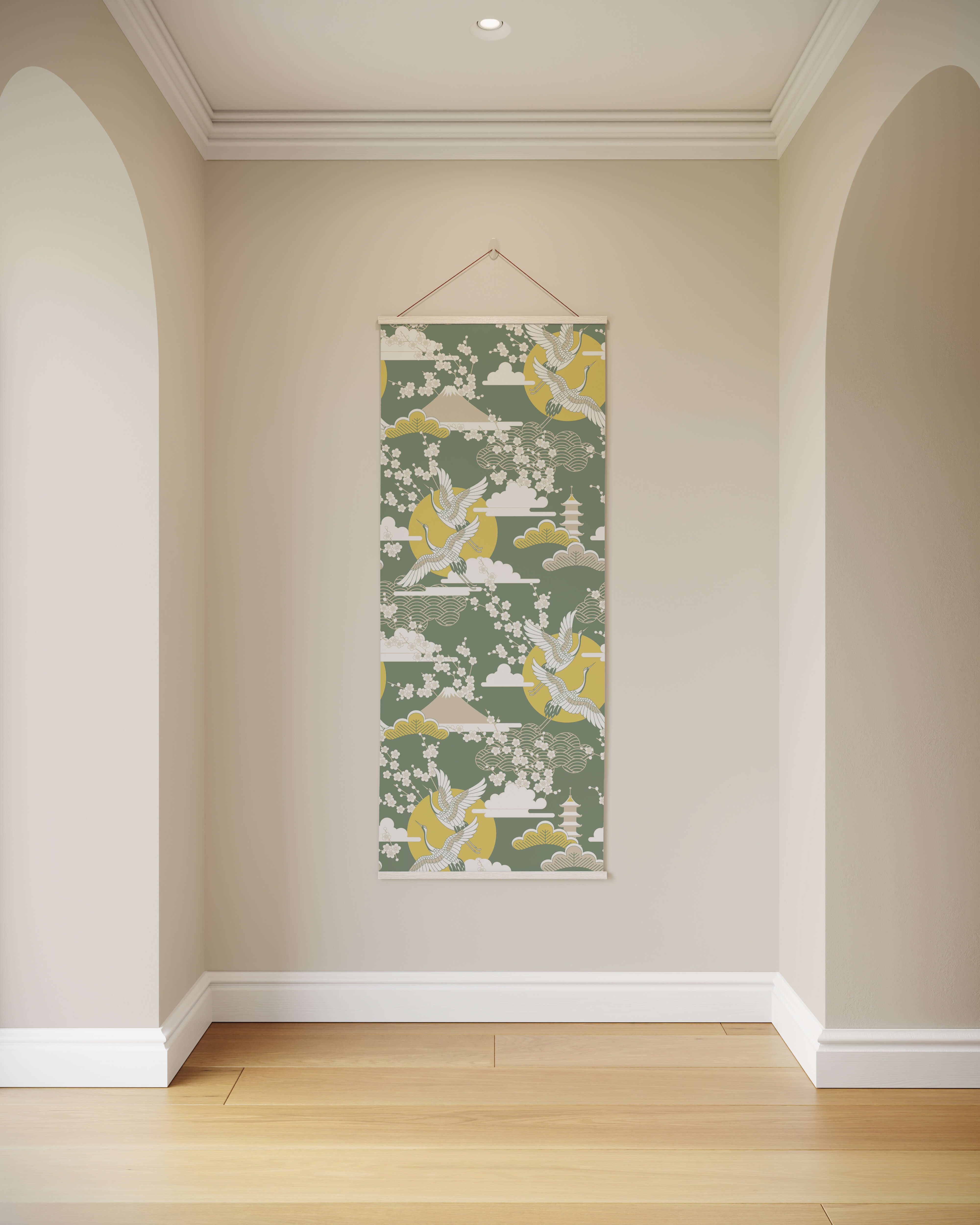 Crane and cherry blossom tapestry with white cranes yellow suns pagodas on muted green cherry blossom tapestry
