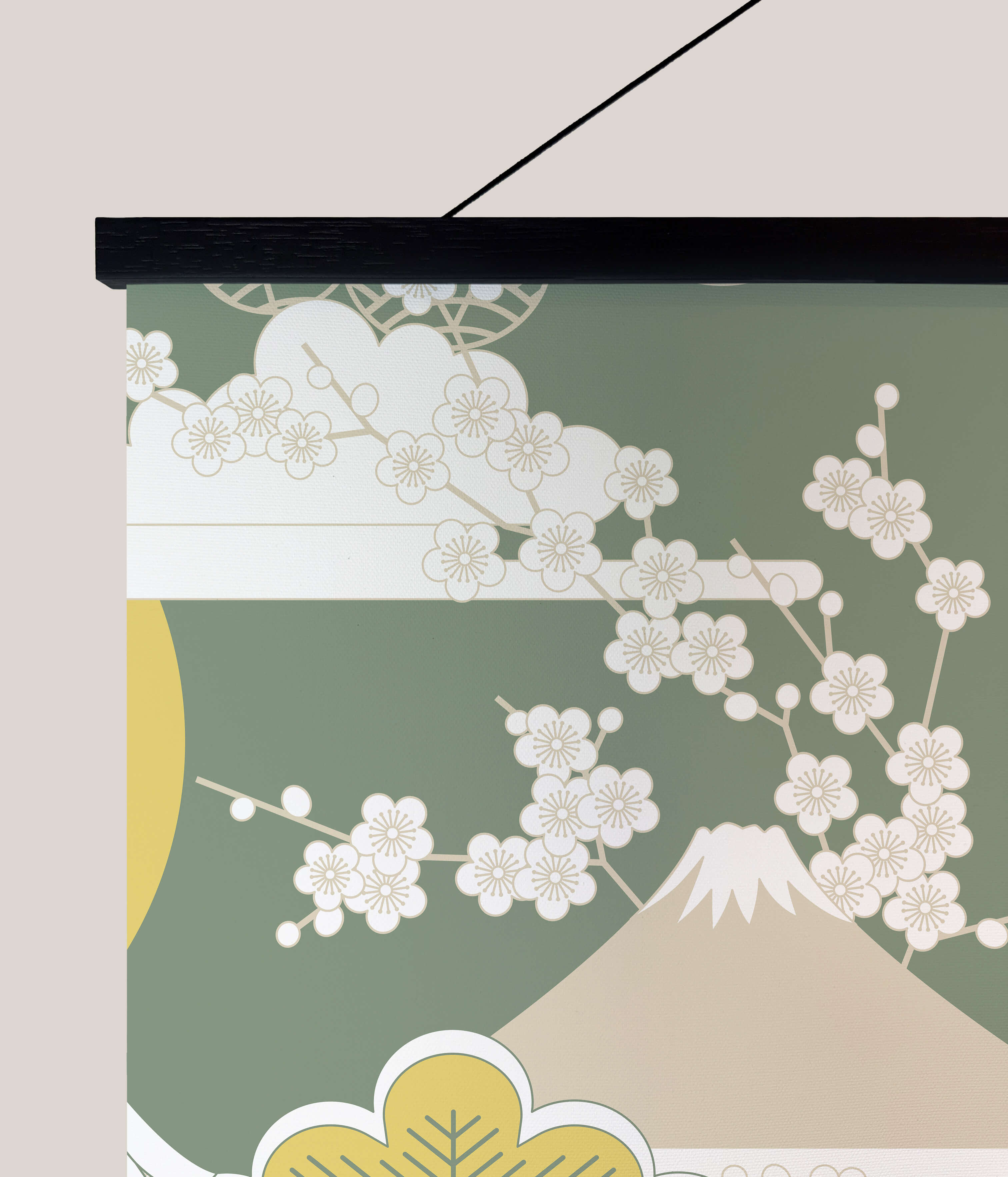 A minimalist cherry blossom tapestry with mount fuji and white blossoms on olive green in a black frame