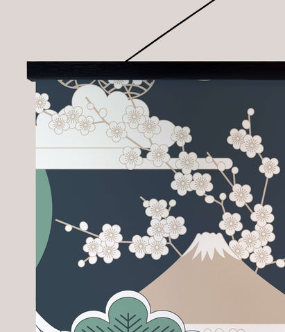 Minimalist cherry blossom tapestry with white plum blossoms and beige mount fuji on navy background in black frame