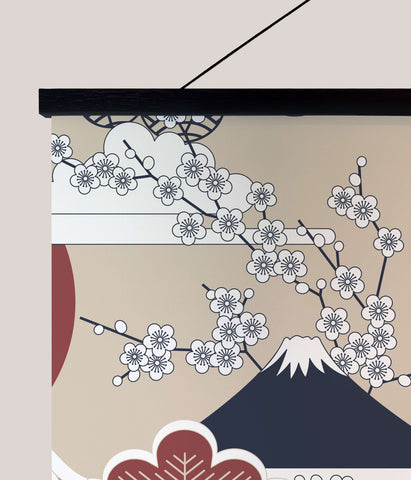 Minimalist cherry blossom tapestry with white blossoms and dark blue mount fuji on beige background with red accents