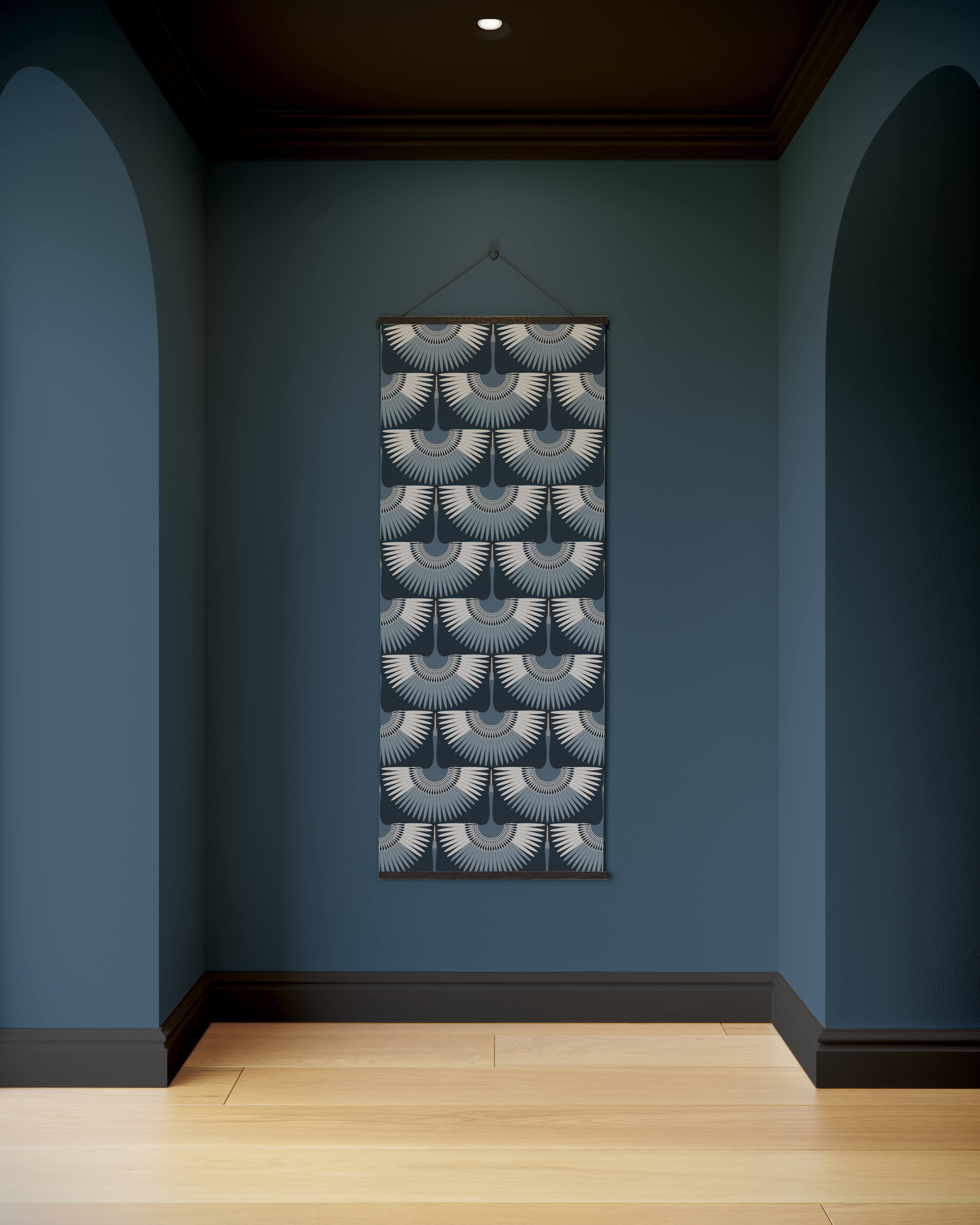 A rectangular crane bird wall tapestry with gray and white fan patterns and a dark border for bird wall decor