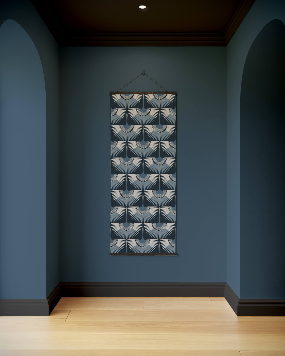 A rectangular crane bird wall tapestry with gray and white fan patterns and a dark border for bird wall decor