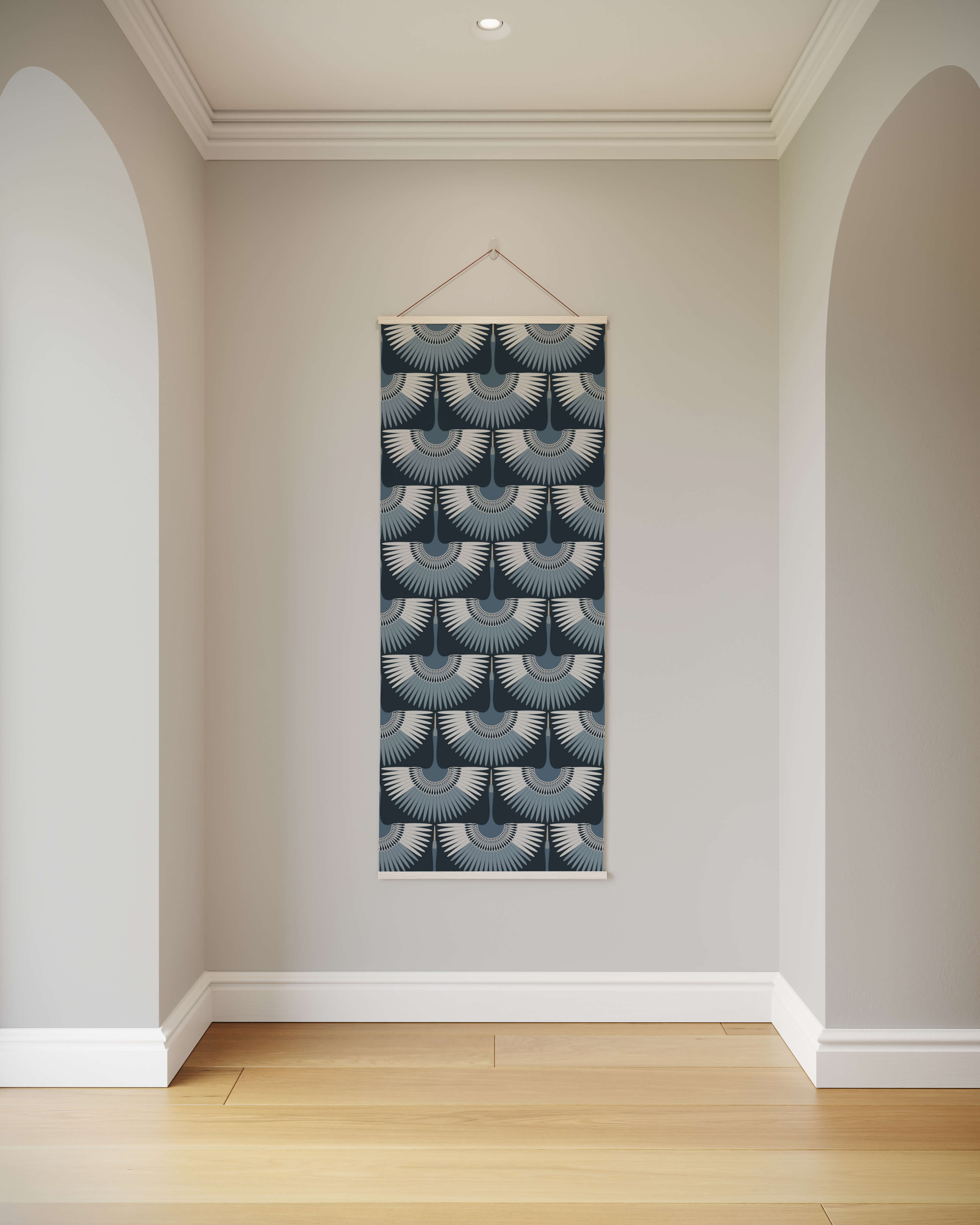 A crane bird wall tapestry with a rectangular geometric fan pattern in gray and black framed by a white border