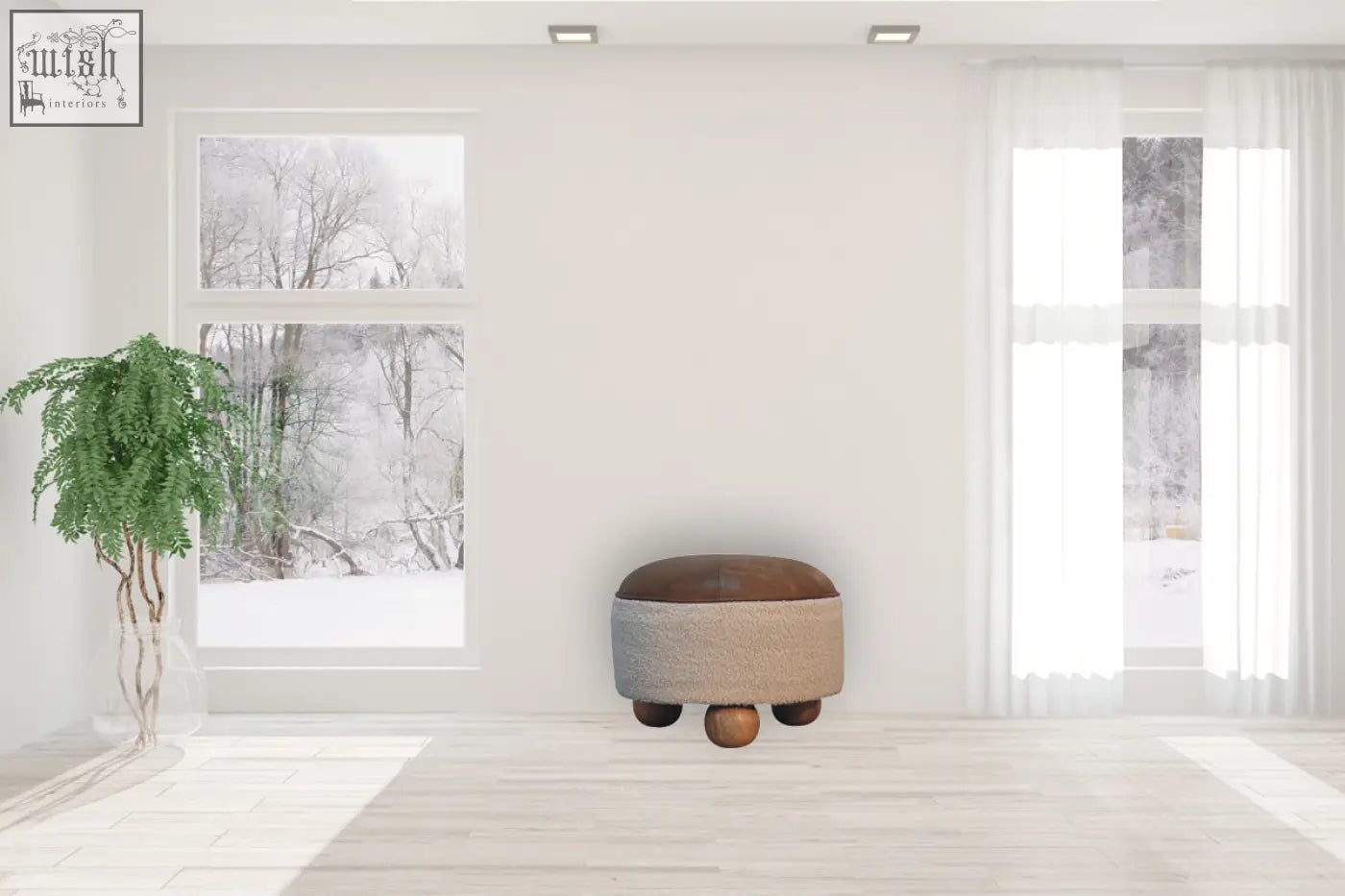 Cream boucle buffalo footstool in beige and brown upholstery with rounded wooden legs for cozy seating