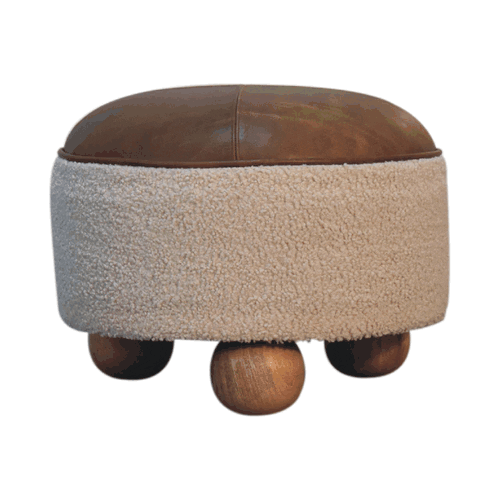 Cream boucle buffalo footstool with brown leather top beige faux fur body and wooden ball feet for cozy seating