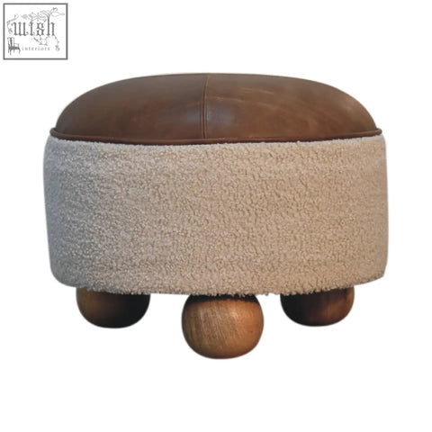 Cream boucle buffalo footstool with brown leather top beige shearling wrap and wooden ball feet for cozy seating