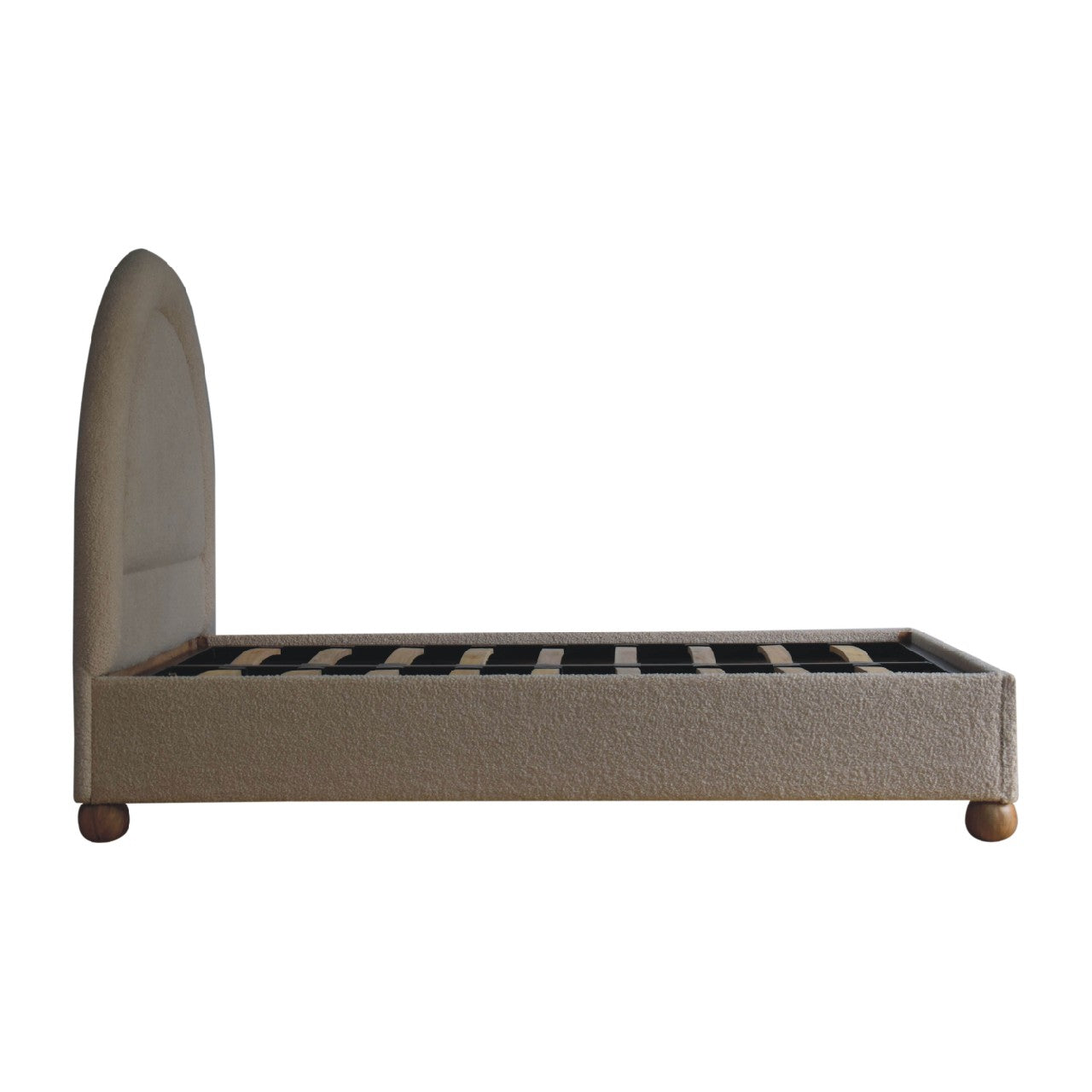 Cream boucle double bed with beige upholstered frame arched headboard and wooden ball feet for cozy bedroom use
