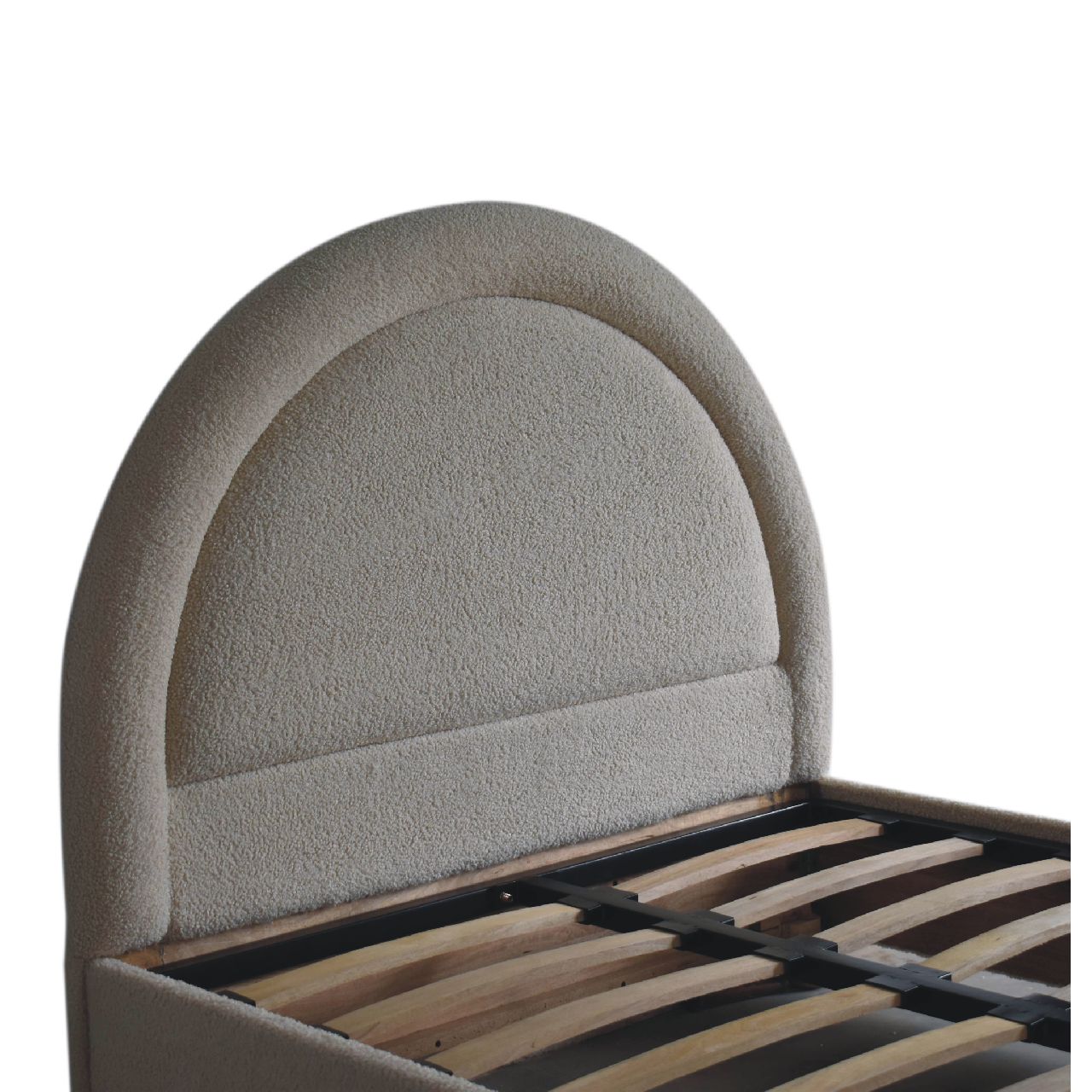Cream boucle double bed with beige upholstered arched headboard and textured fabric finish