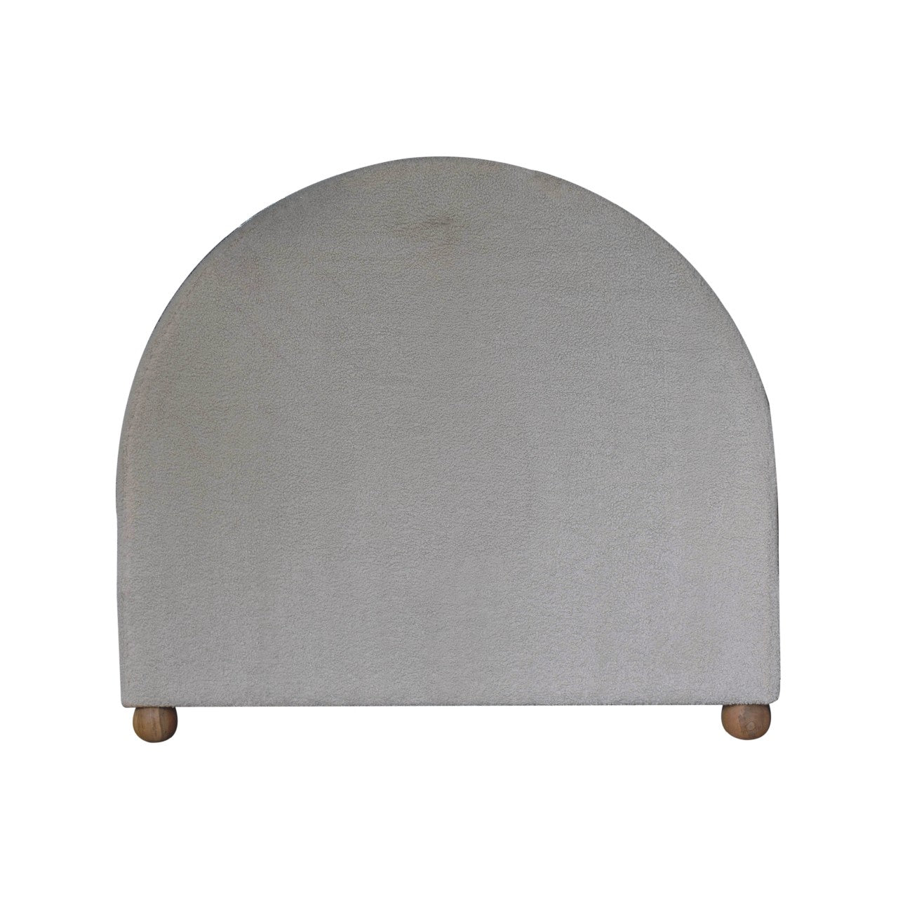Cream boucle double bed with a sleek light gray upholstered headboard featuring a curved top and wooden feet