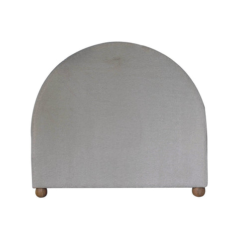 Cream boucle double bed with a sleek light gray upholstered headboard featuring a curved top and wooden feet