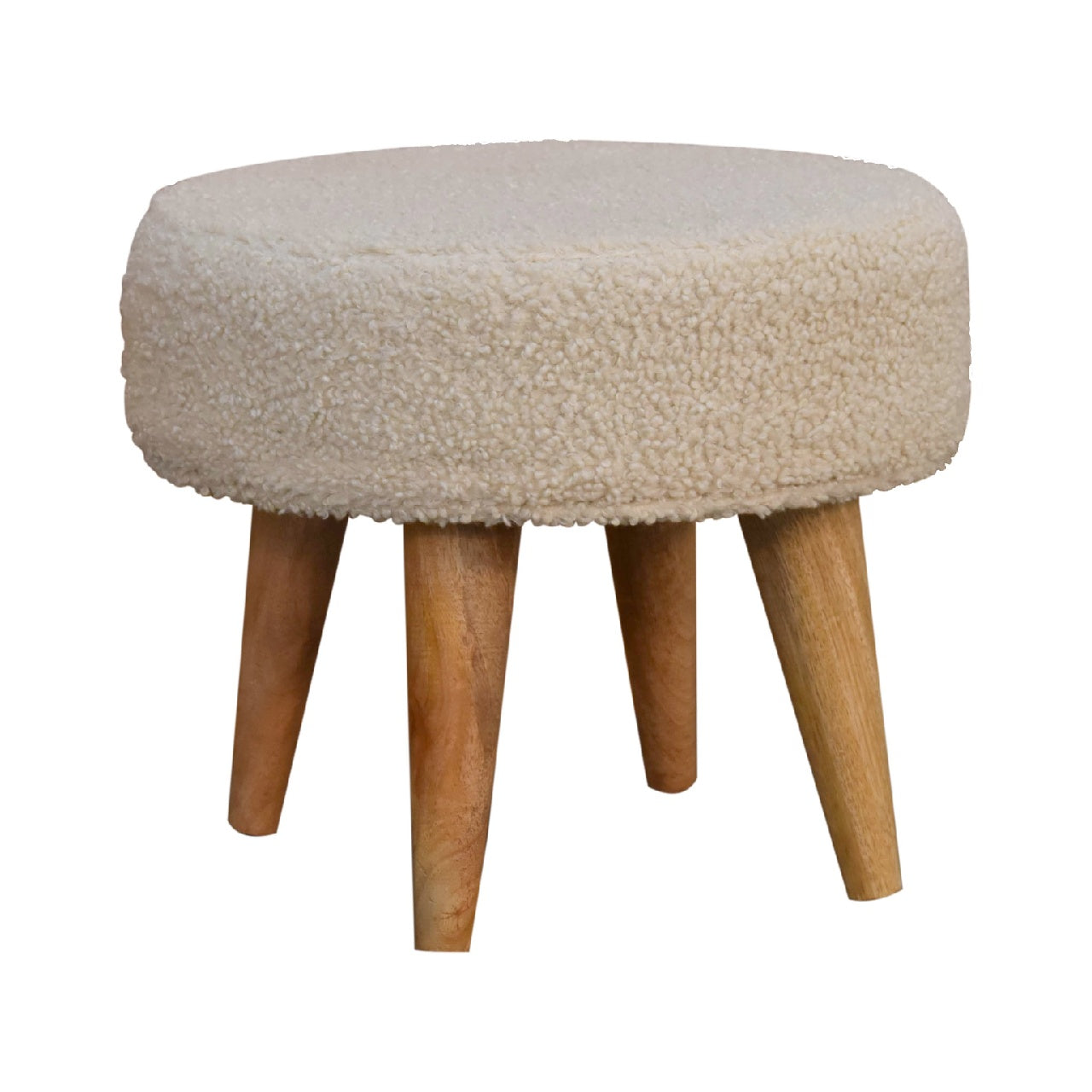 Cream boucle petite footstool with cream sheepskin texture and four tapered wooden legs for cozy seating