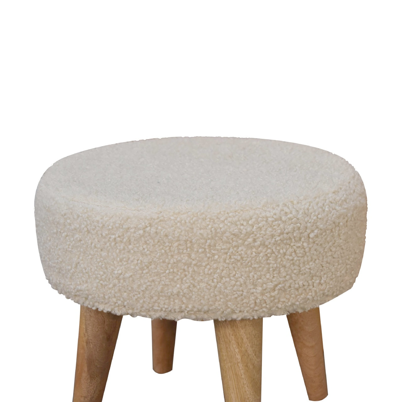 Cream boucle petite footstool with cream sheepskin textured plush round seat and light wood legs