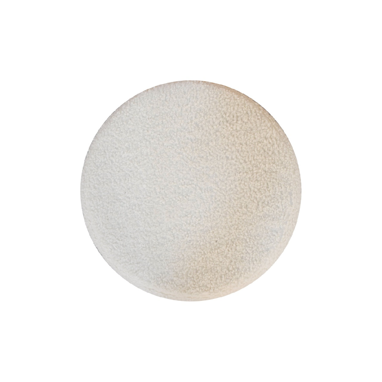 Cream boucle petite footstool with a round off-white textured fabric pad and an uneven surface for cozy seating