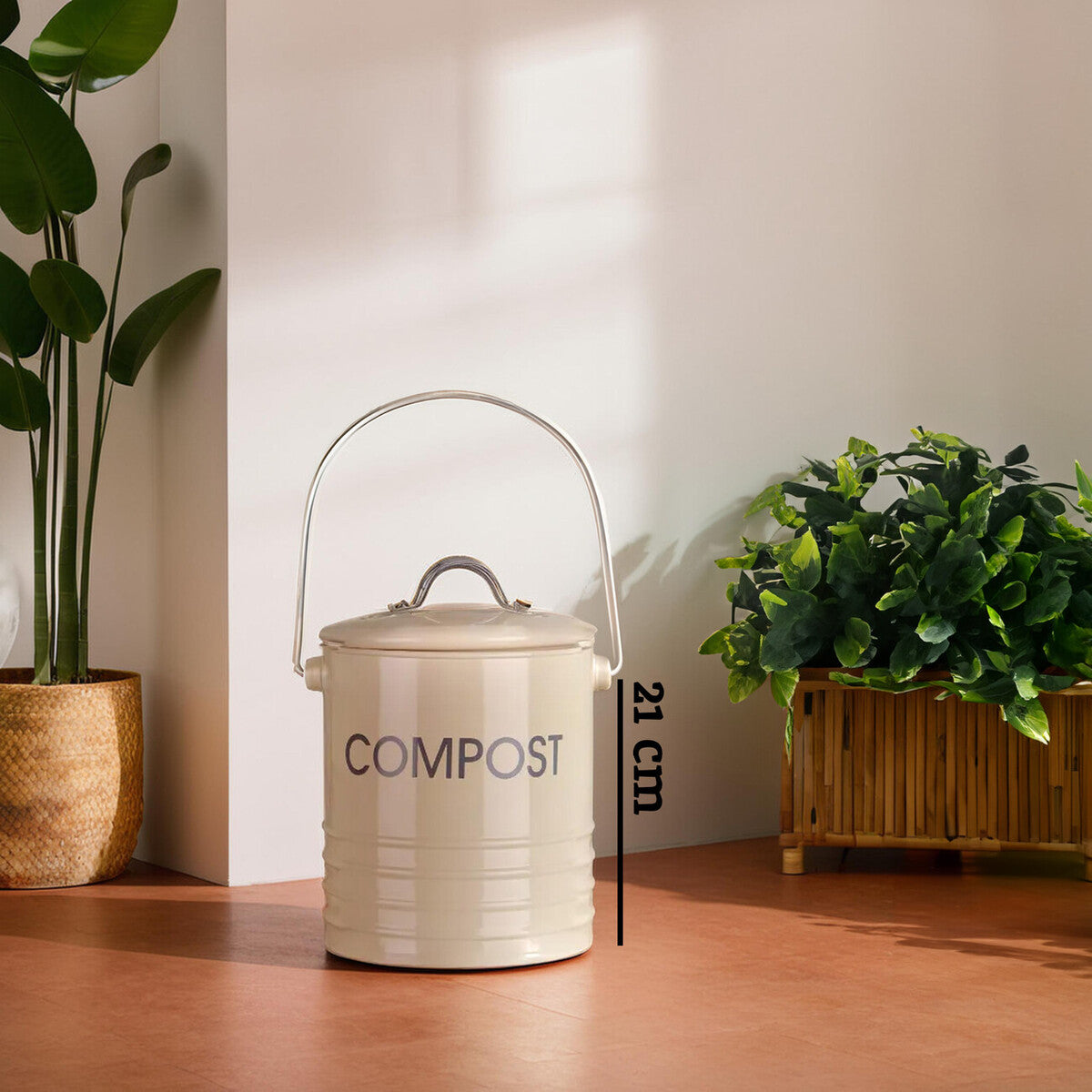 Cream compost bin with metal body and silver handle featuring bold black compost lettering on cream compost container