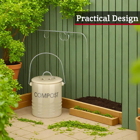 Cream compost bin made of ceramic with a wire handle and ventilated lid for easy airflow and composting