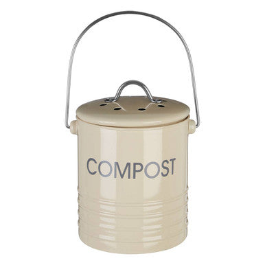 Cream compost bin with metal body and handle in cream color labeled compost for easy kitchen waste collection