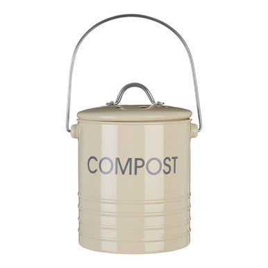 Cream compost bin with cream enamel finish and silver metal handle and lid for easy compost storage
