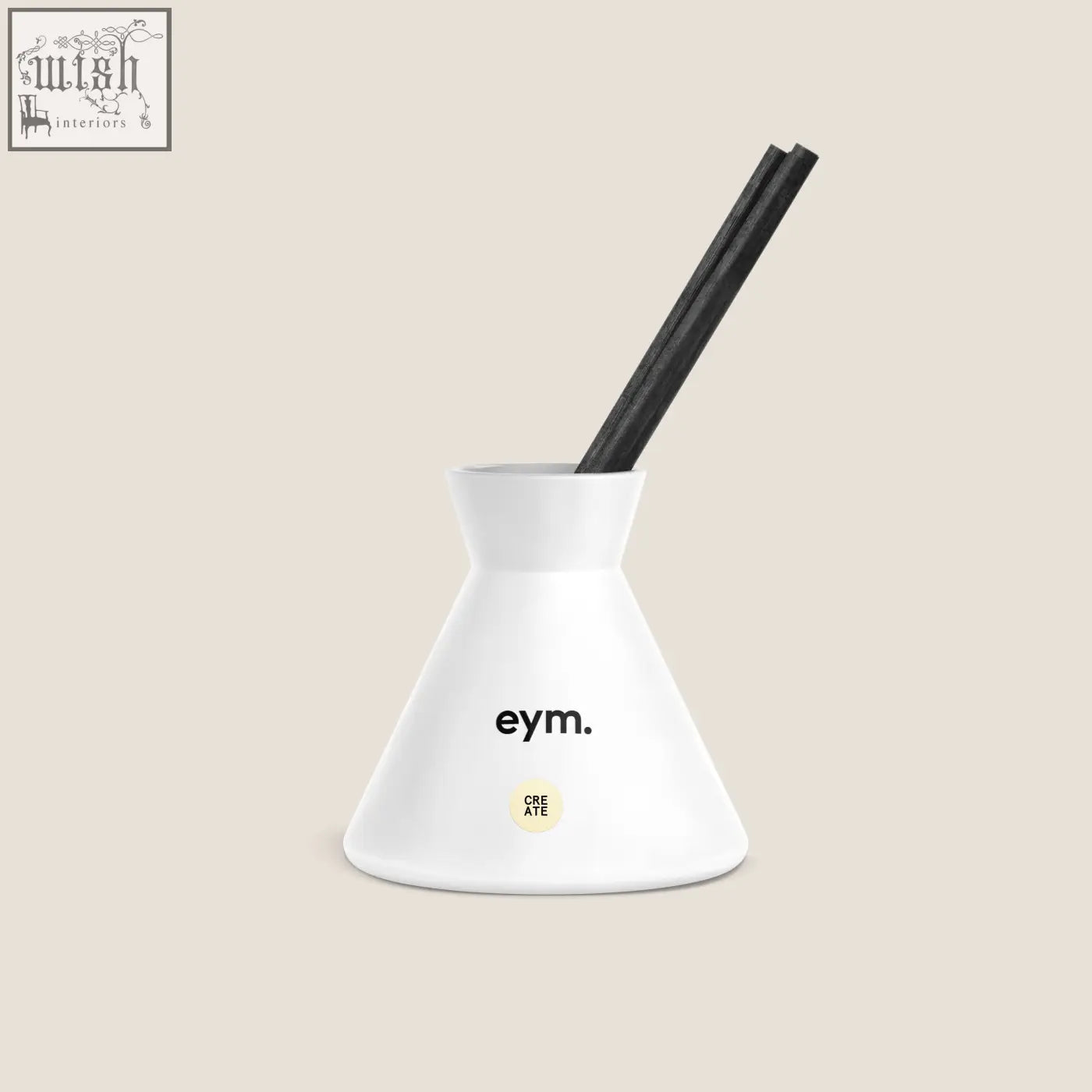 White ceramic diffuser with black reeds and eym branding perfect for home fragrance and decor