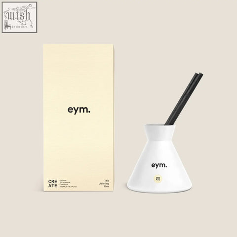 White conical diffuser with black reeds and eym branding for home fragrance in the create diffuser collection