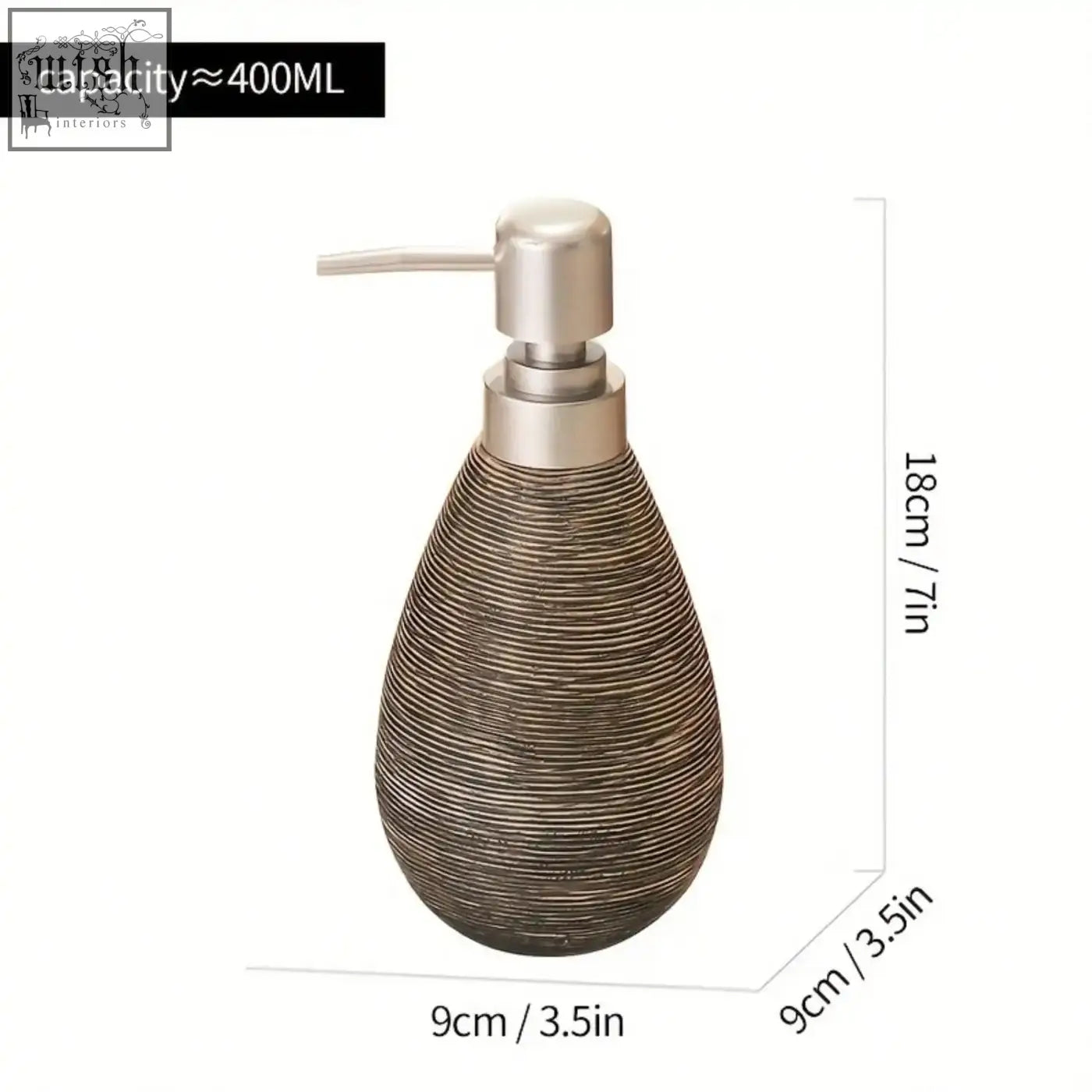 A sleek retro style ceramic soap dispenser with brown beige stripes and silver pump for hand soap use