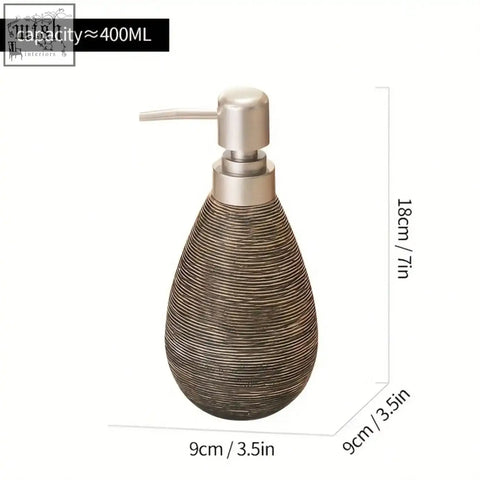 A sleek retro style ceramic soap dispenser with brown beige stripes and silver pump for hand soap use