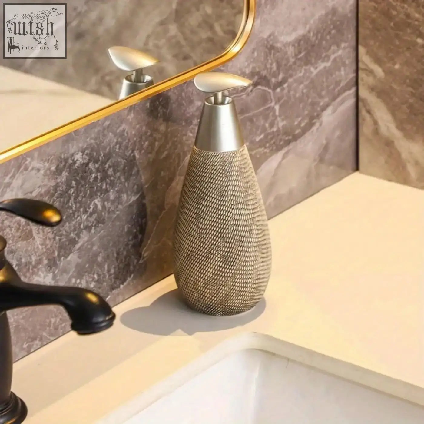 Silver-toned textured mesh retro style soap dispenser with sleek metallic pump for hand soap in bathrooms and kitchens
