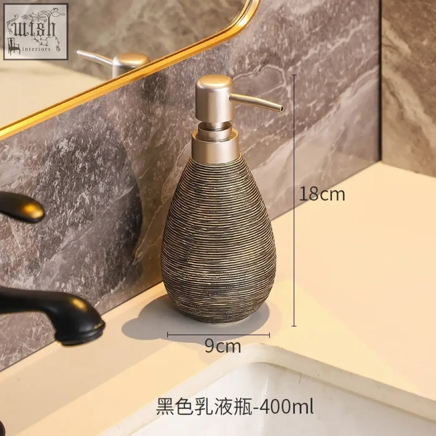 A sleek black retro style ceramic soap dispenser with ribbed texture and brushed pump for hand soap use