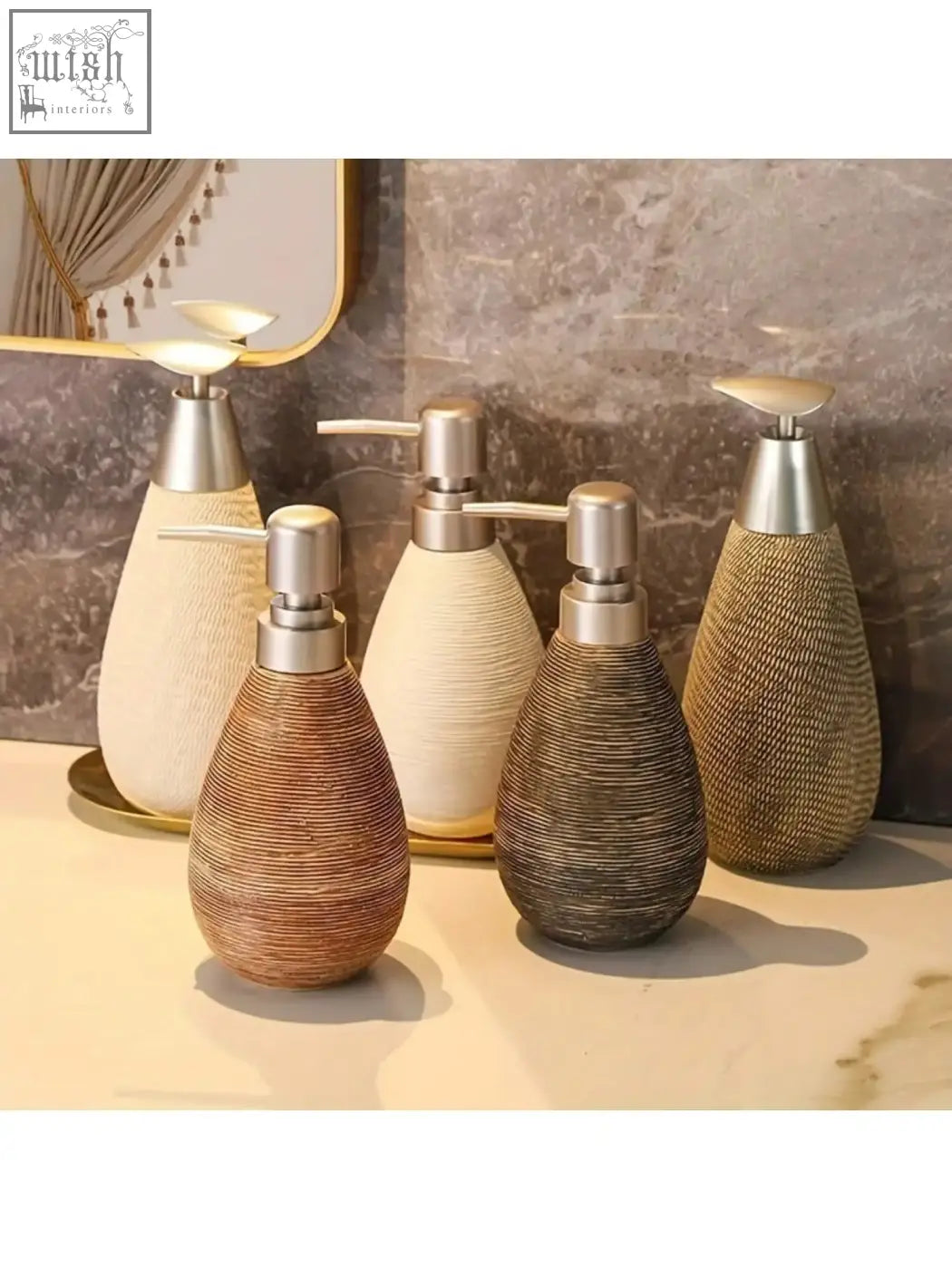 Set of four retro style ceramic soap dispensers in beige and brown with woven texture and silver pumps for hand soap