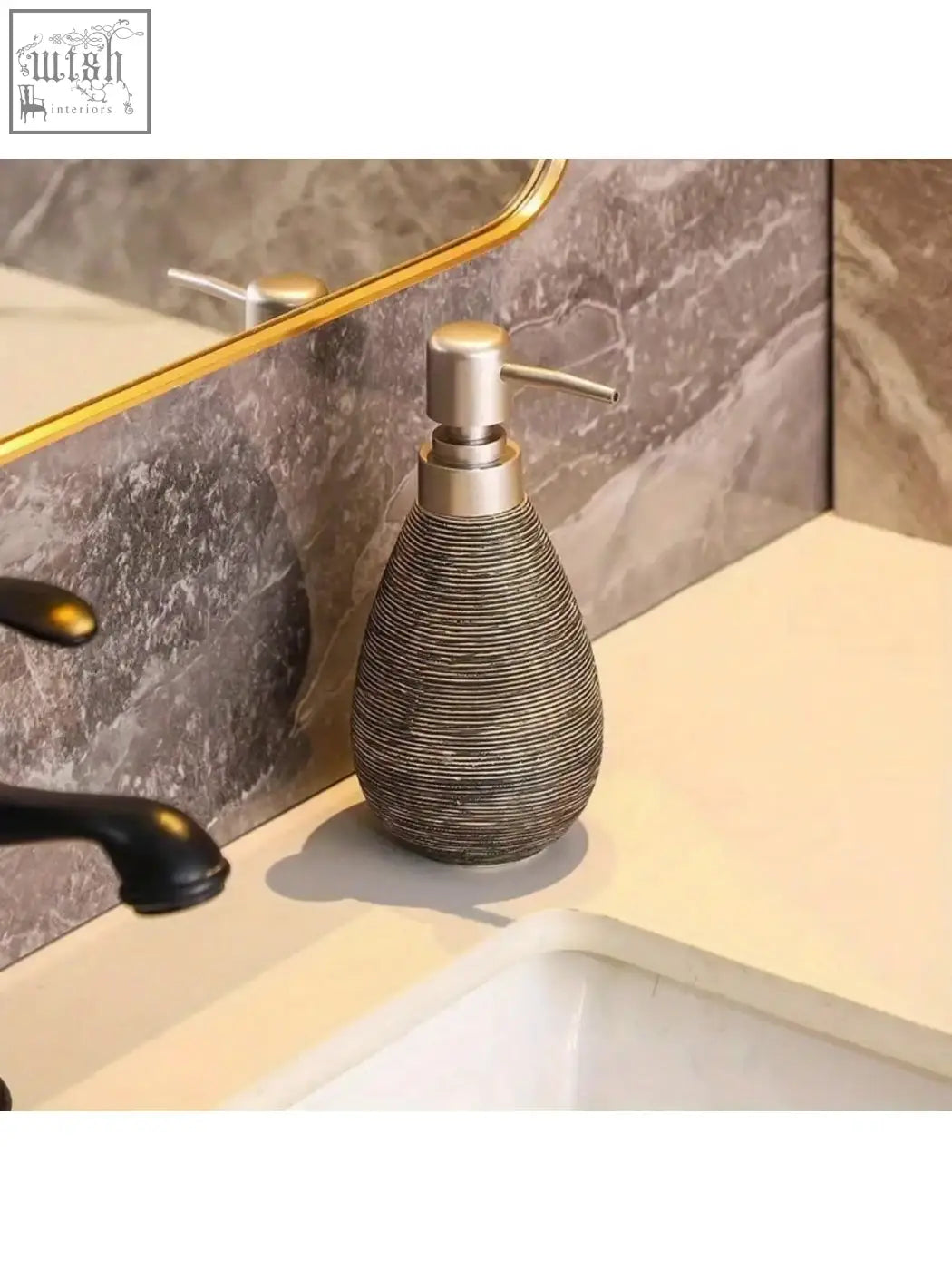 A retro style ceramic soap dispenser with a textured metallic finish and brushed silver pump for hand soap use