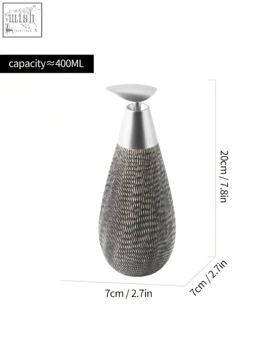 Silver-toned retro style ceramic soap dispenser with textured teardrop shape and sleek metallic pump for hand soap use