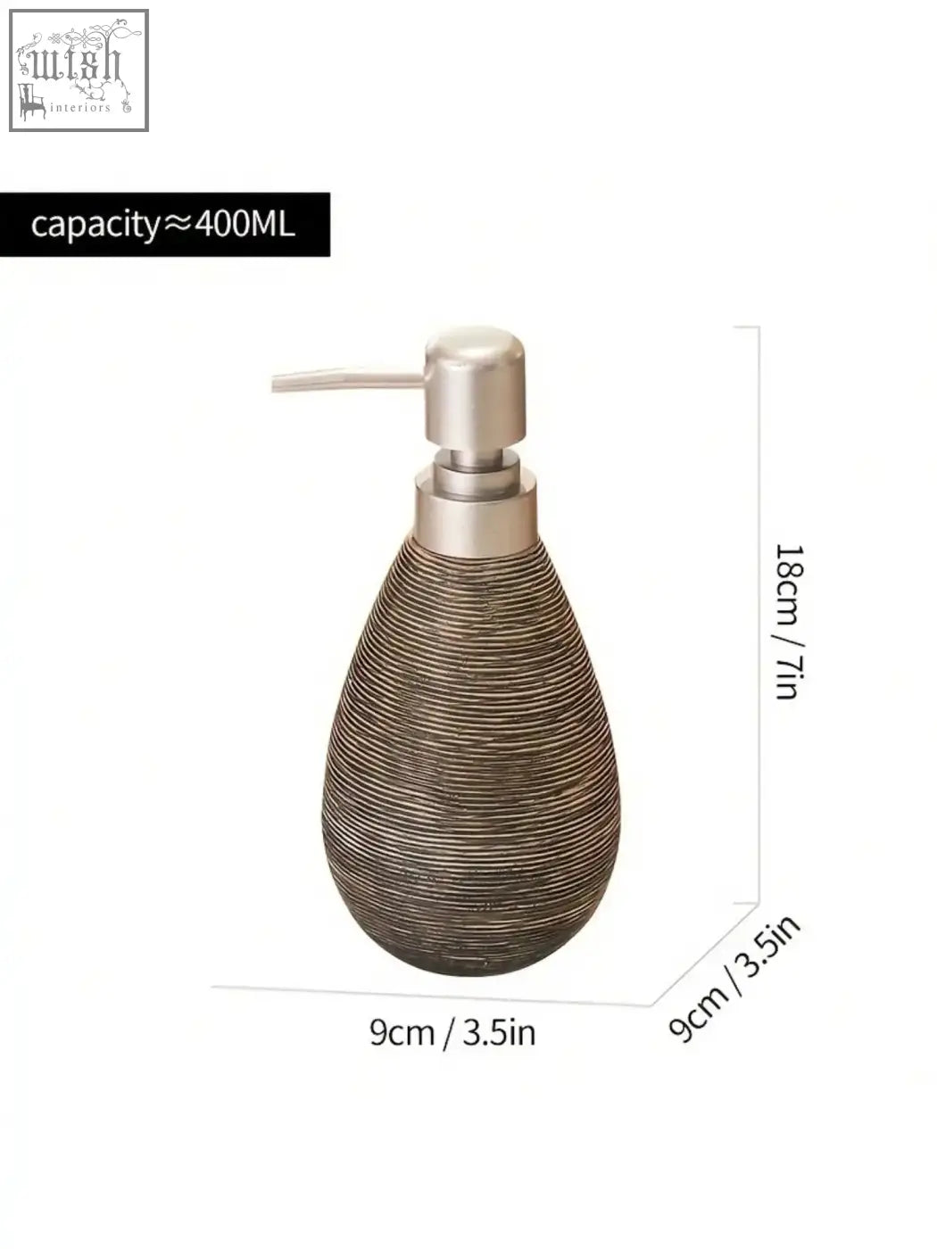 A sleek retro style soap dispenser with a textured brown black ceramic body and brushed metal pump for hand soap use