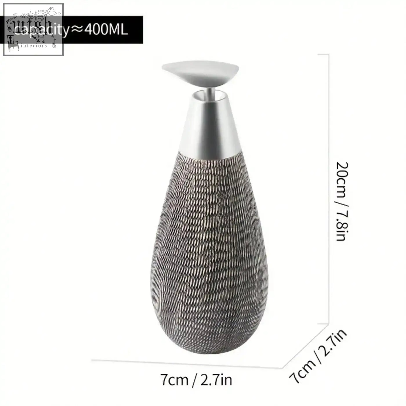 Silver-toned textured ceramic soap dispenser with a sleek metallic pump top perfect for retro style hand soap use