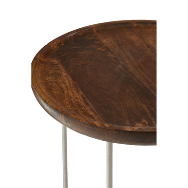 Dark brown wooden tops on round side tables with slender white iron base from the crest set of 2